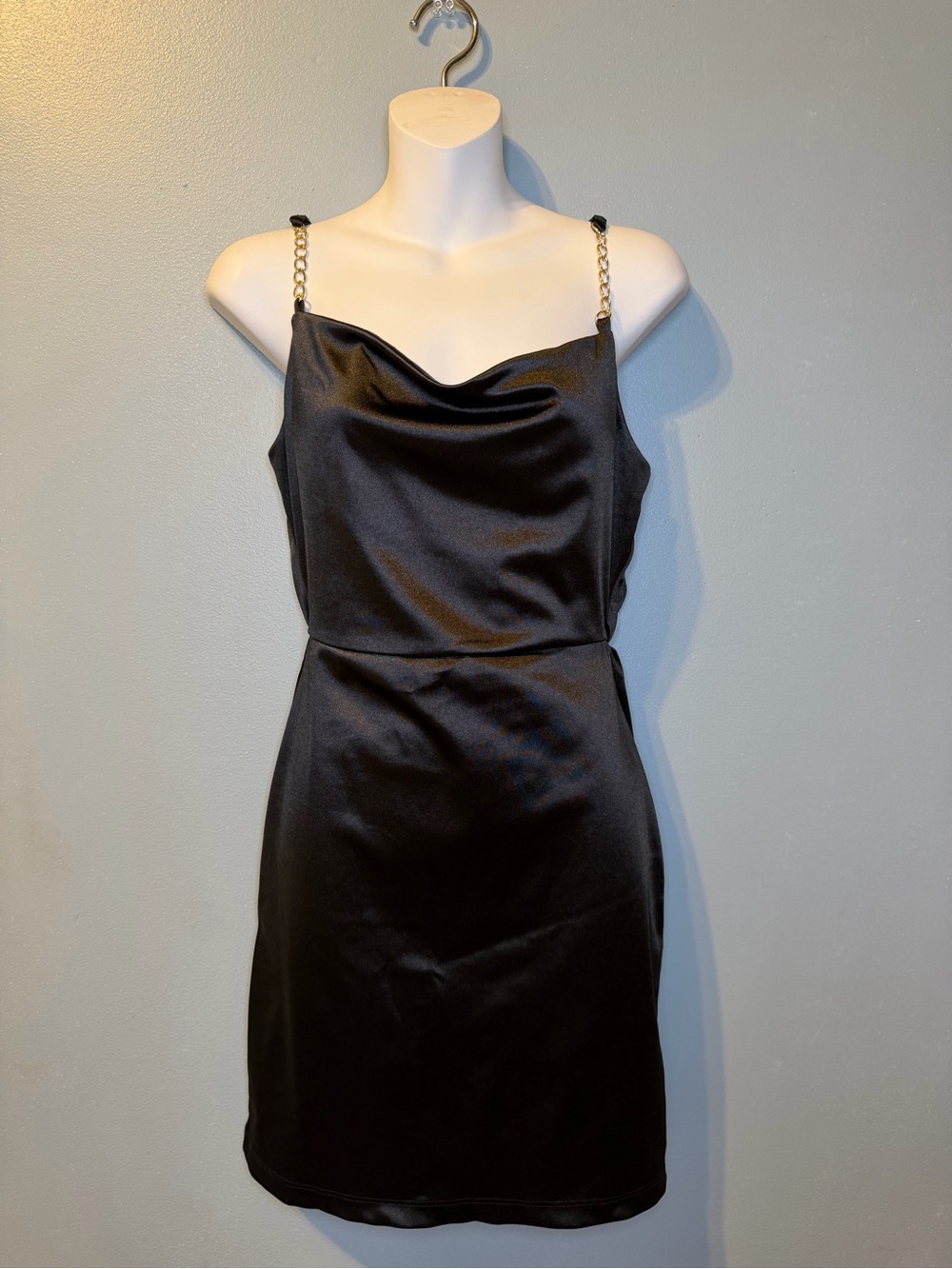 Planet Gold Black Satin Mini Dress with Gold Chain Straps